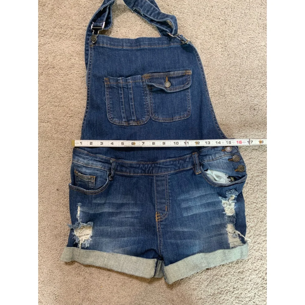 Machine Dark Wash Denim Overalls Shorts Blue Distressed Lg‎ Cabincore Fisherman